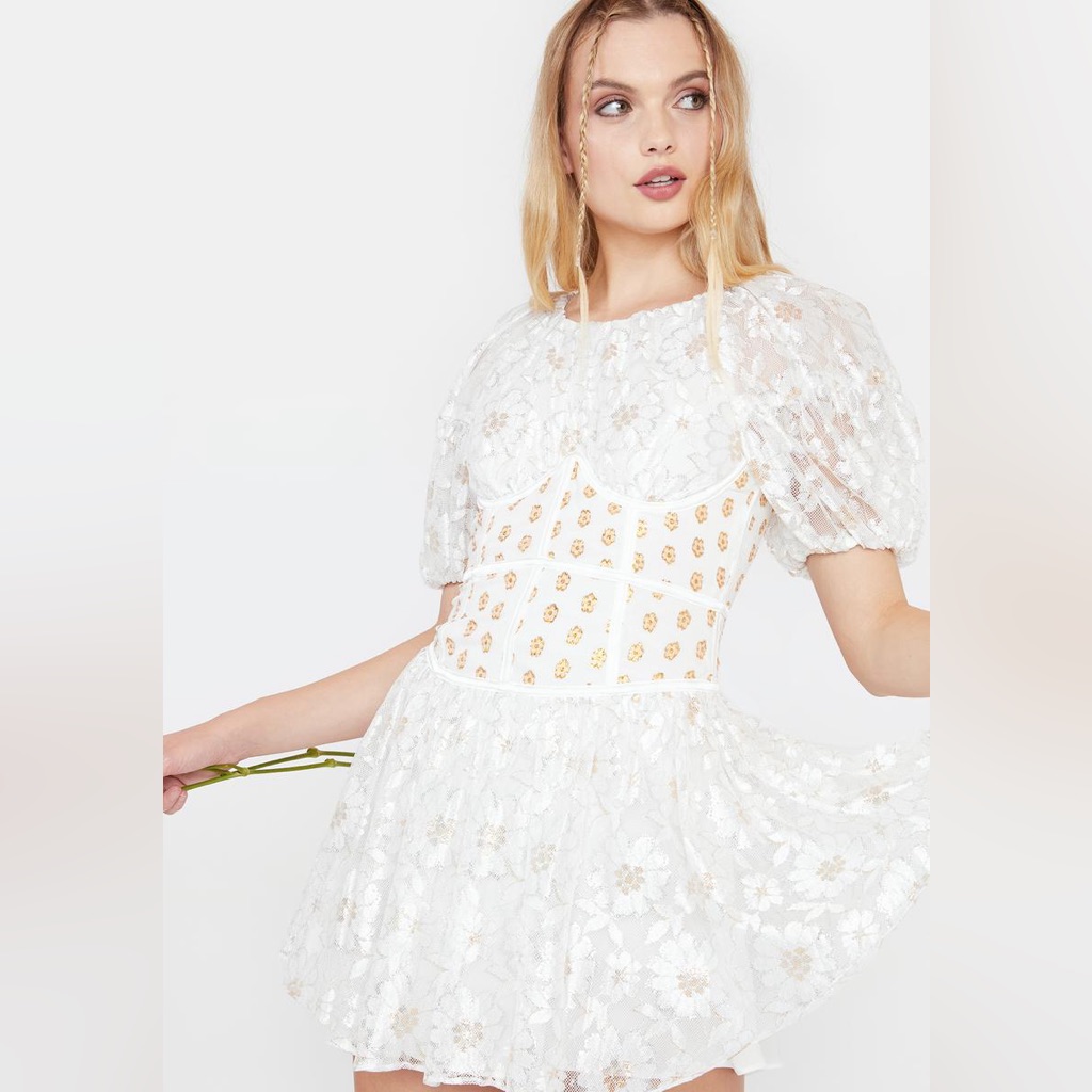 Nwot For Love And Lemons Lupita Corset Lurex Daisies Lace Metallic Dress Small